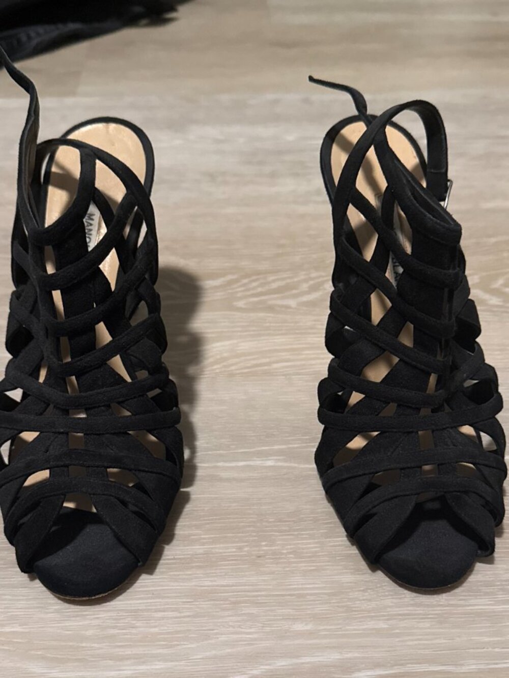 Manolo Blahnik — Black Strappy Cage Slingback Heels
